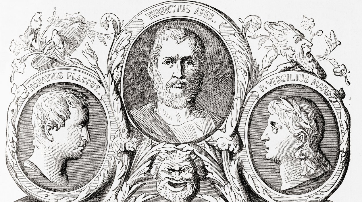 Roman authors, from left to right, Horace, Terence and Virgil, from Ward and Lock