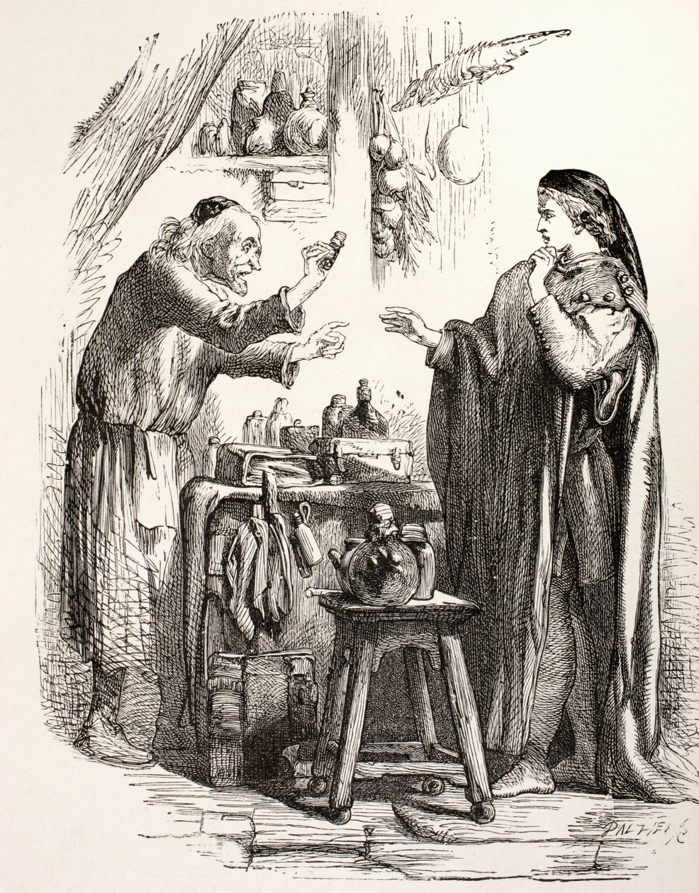 Romeo buys poison from the apothecary, illustration from Romeo and Juliet, from 