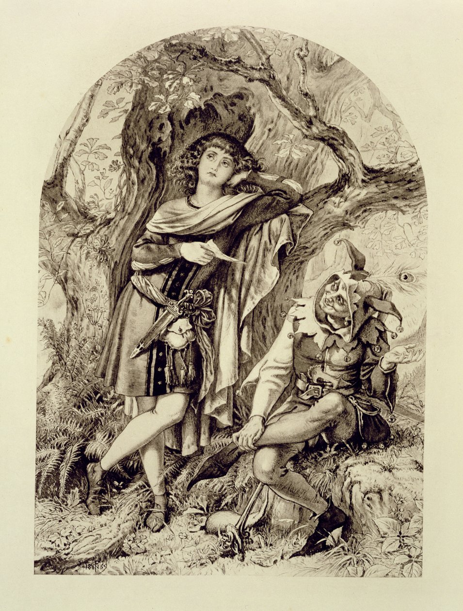 Rosalind and Touchstone, Act III Scene 2, in As You Like It, by William Shakespeare by English School