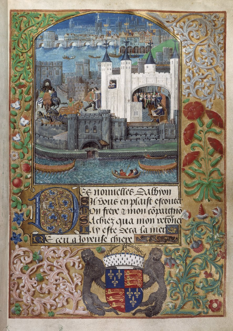 The Tower of London, with London Bridge behind. Charles, Duke of Orleans, seen writing, standing at a window and dispatching a letter in the courtyard by English School
