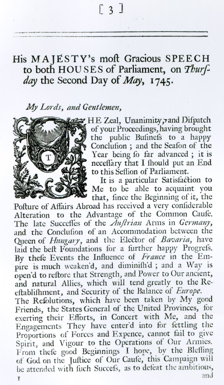 Royal Speech to both Houses of Parliament, 2nd May 1745 by English School