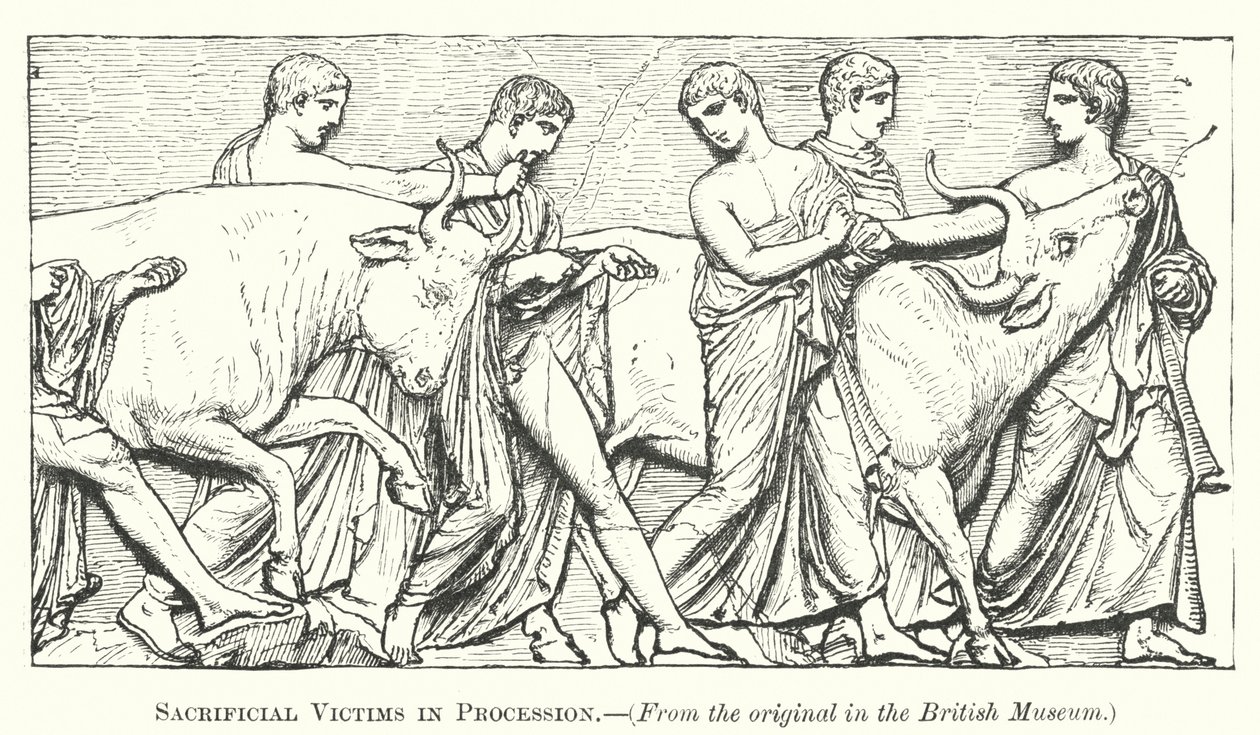 Sacrificial Victims in Procession by English School