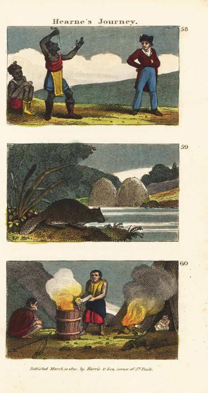 Samuel Hearne Watching a Native American Sword-Swallower, North American Beaver, and Indians Boiling Water in a Wooden Barrel with Hot Stones by English School