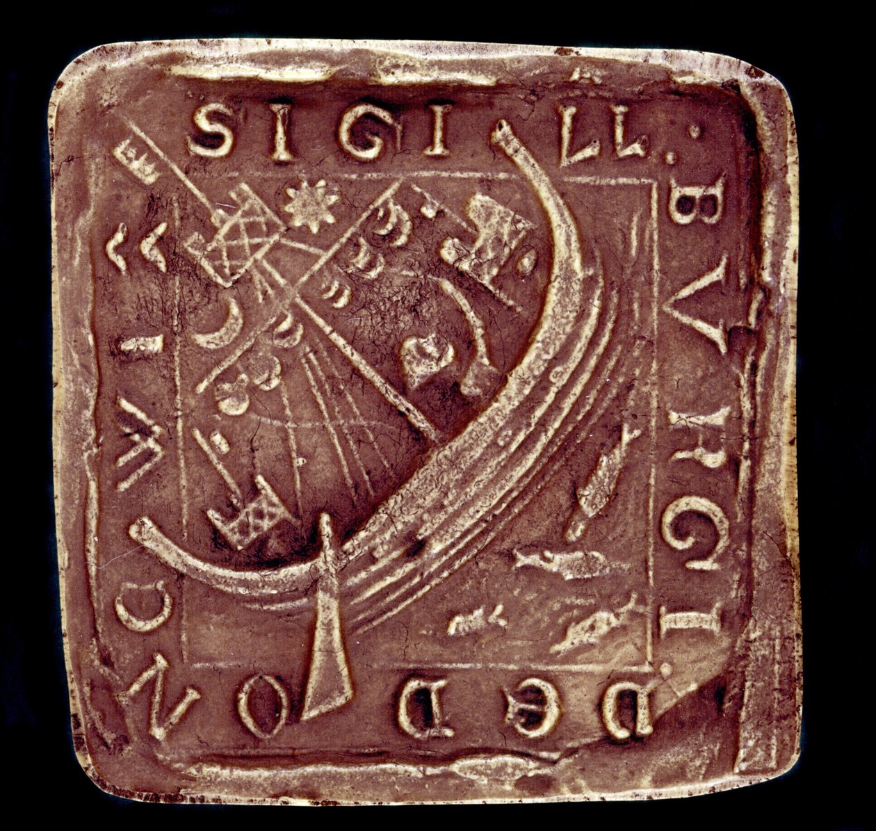 Seal of the City of Dunwich in Suffolk. A ship is represented in a rough sea, probably alluding to the storms that destroyed part of the city in 1286 and 1347. 14th century. Paris, National Archive by English School