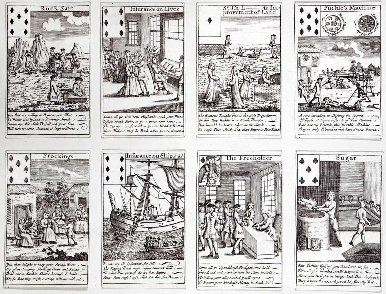 Set of Playing Cards Depicting Satirical Scenes of Current Commercial Ventures and Investments, c.1720 by English School