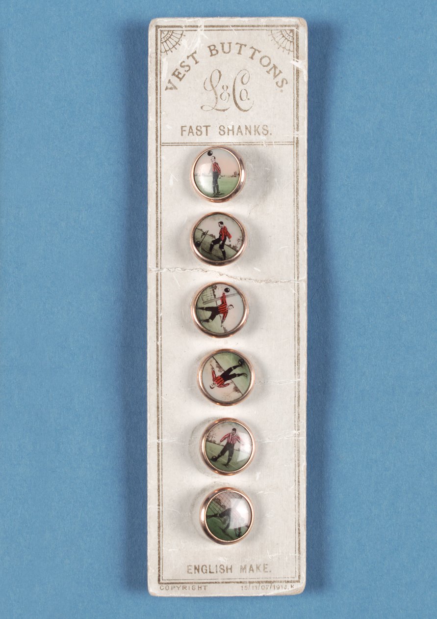 Set of six vest buttons on original card backing with photographic decorations of footballers by English School