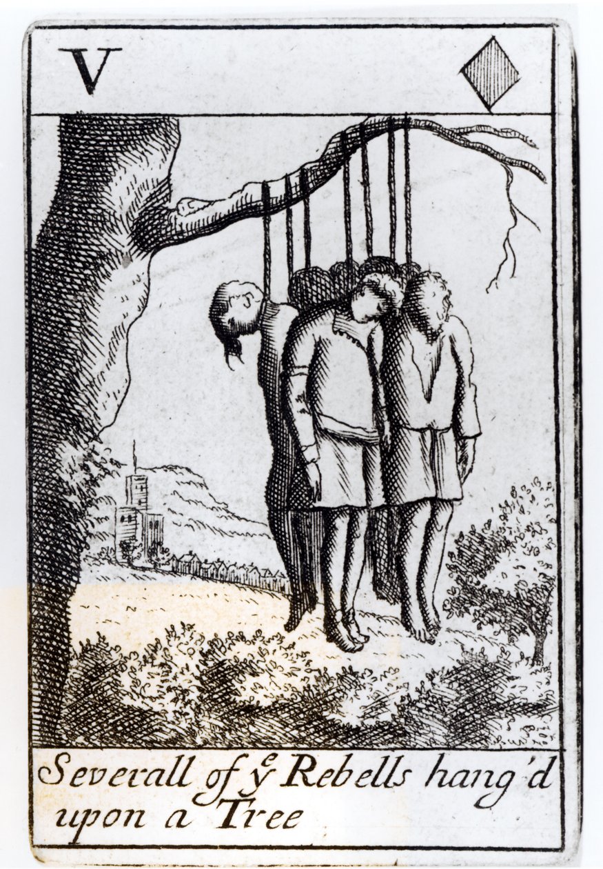 Several Rebels Hanged from a Tree, Five of Hearts Playing Card from a Set Commemorating Monmouth