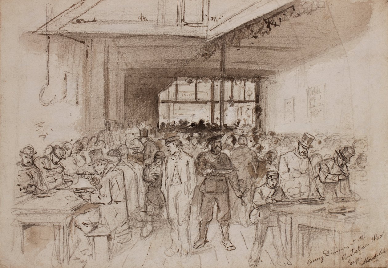 Shoreditch, Penny Dinner at the Australian Meat Company, c.1860 by English School