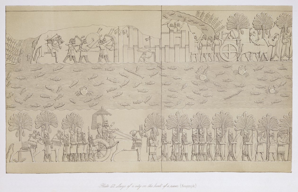 Siege of a city on the bank of a river (plate 42) from Nineveh and its Remains by Austen Henry Layard published 1849 by English School