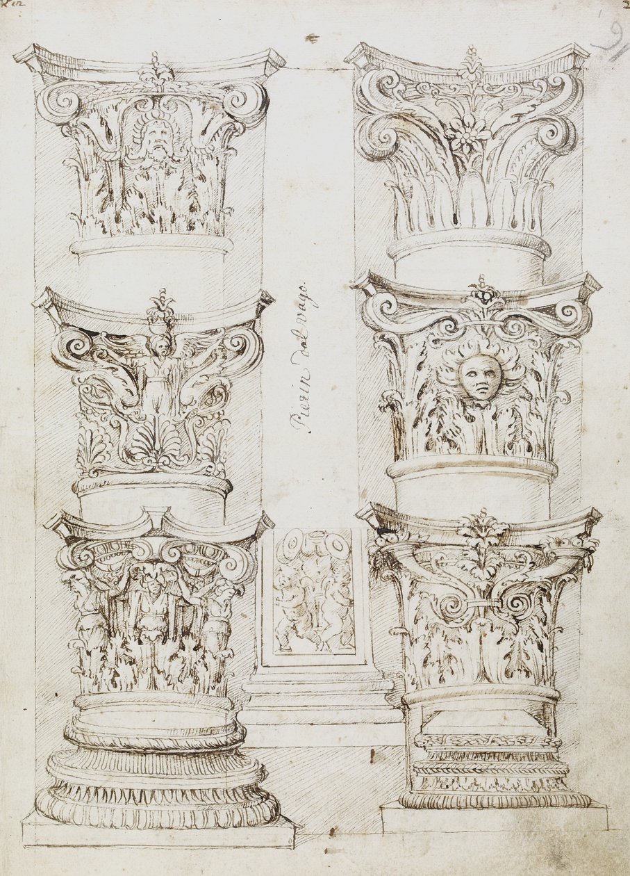 Six Capitals, a Lesene and Two Column Bases, Folio 1, The Master of the Oxford Album, c.1512-17 by English School