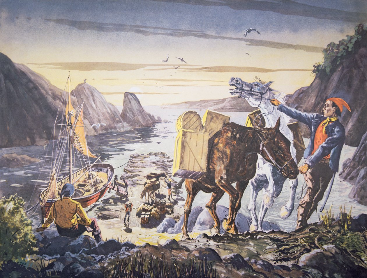 Smugglers loading contraband on their ponies for the journey inland by English School
