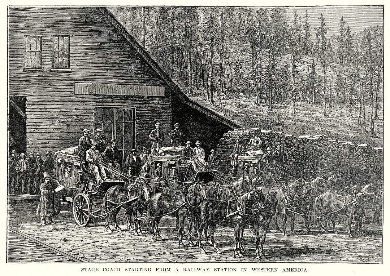 Stage Coach Starting from a Railway Station in Western America by English School