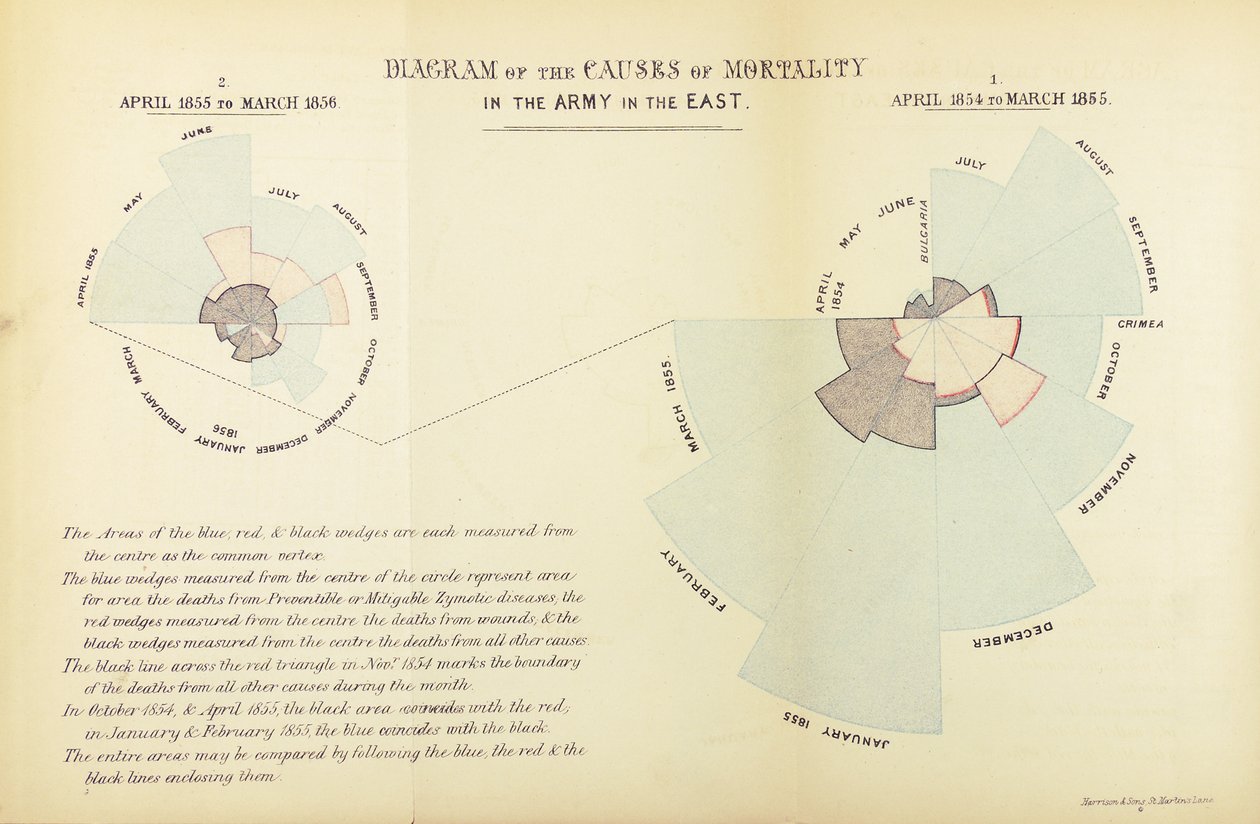 Statistical chart invented by Florence Nightingale to show the predominance of disease as a cause of mortality in the British army during the Crimean War, April 1854 to March 1855 and April 1855 to March 1856 by English School