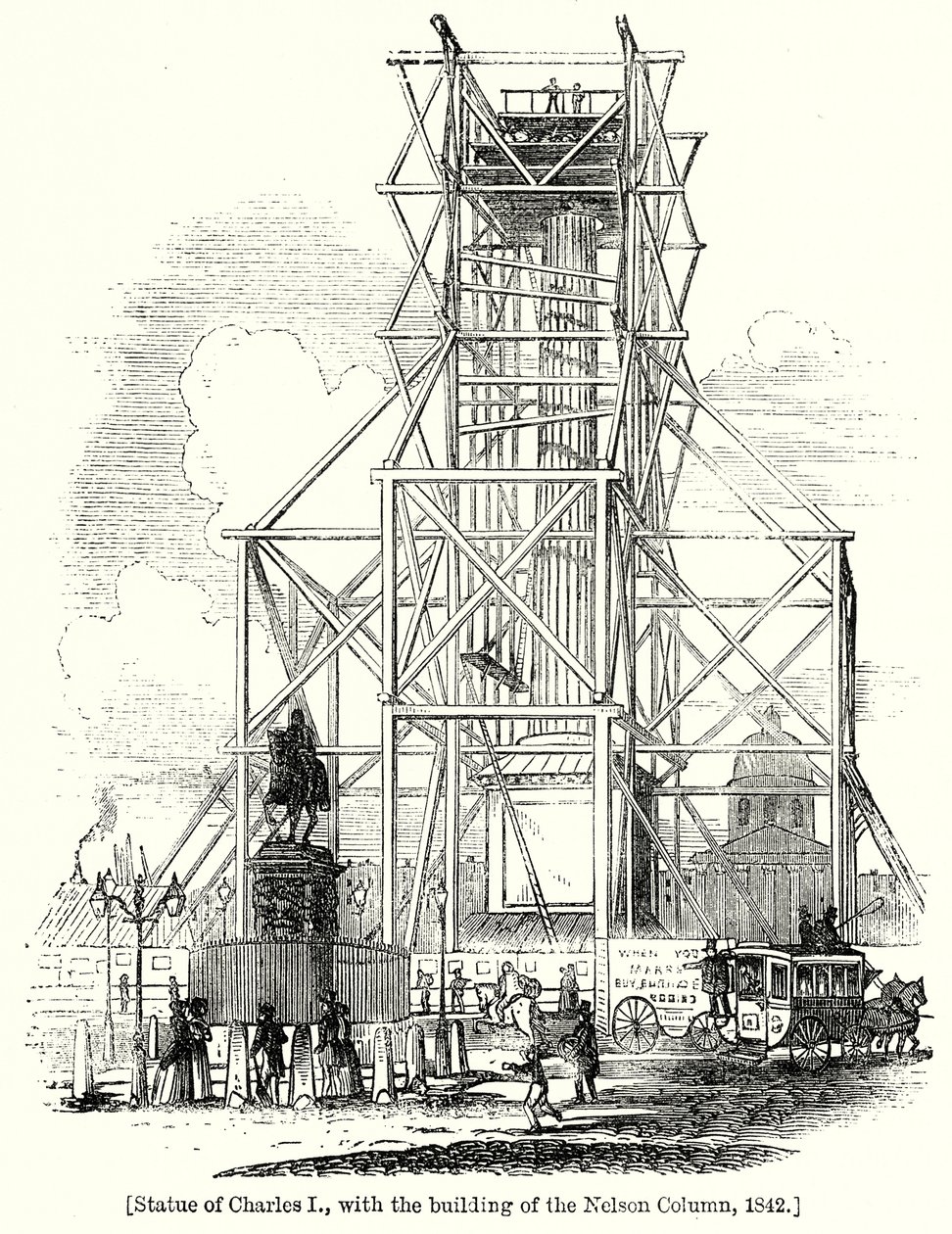 Statue of Charles I, with the Building of the Nelson Column by English School