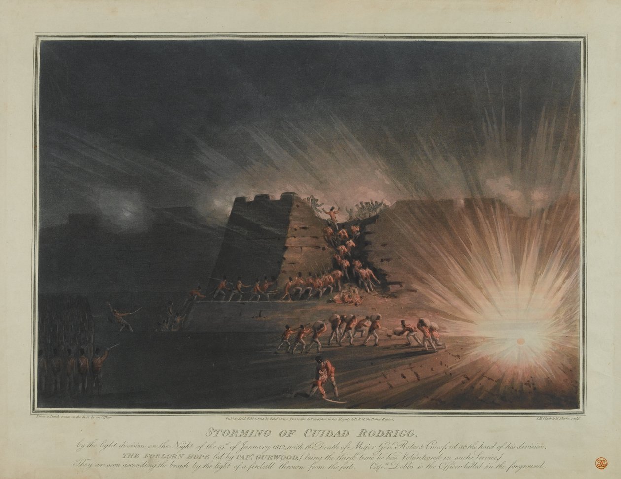 Storming of Ciudad Rodrigo by the Light Division on the night of the 19th January 1812, engraved by J.H. Clark and H. Merke, published in February 1815 by English School