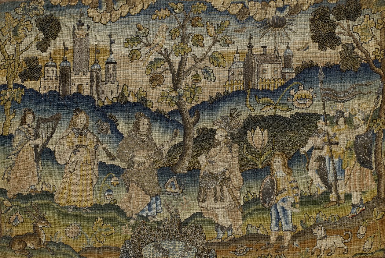 Stumpwork with Scene of Five Musicians in Garden with Tree, mid 17th century (fabric) by English School