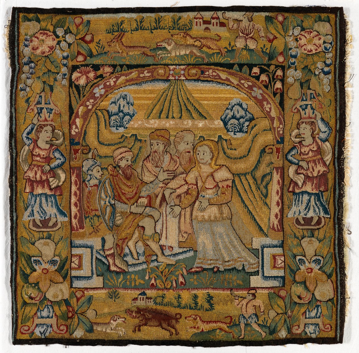 Tapestry cushion cover depicting Susannah before Judge by English School