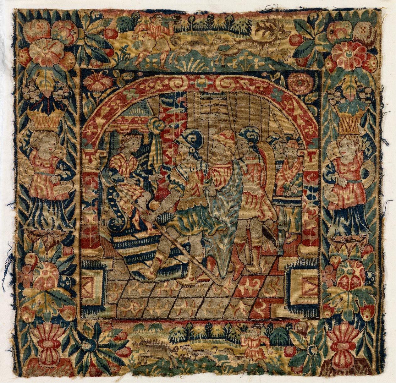Tapestry cushion cover depicting The Elders before Daniel by English School