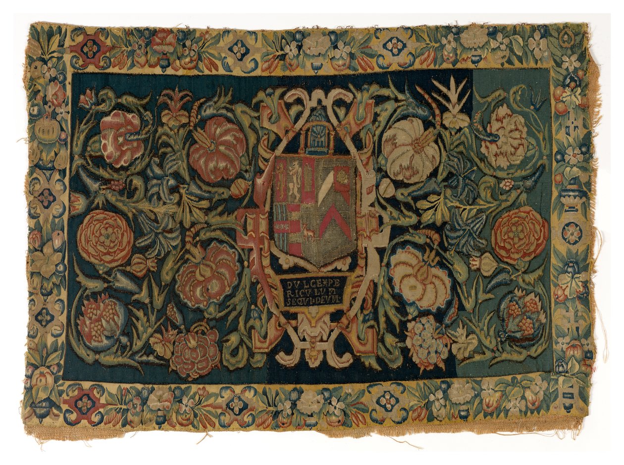 Tapestry Long Cushion Cover Depicting the Arms of Walter Jones and of His Wife Eleanor Pope, Made Possibly in Sheldon, England, After 1600 by English School