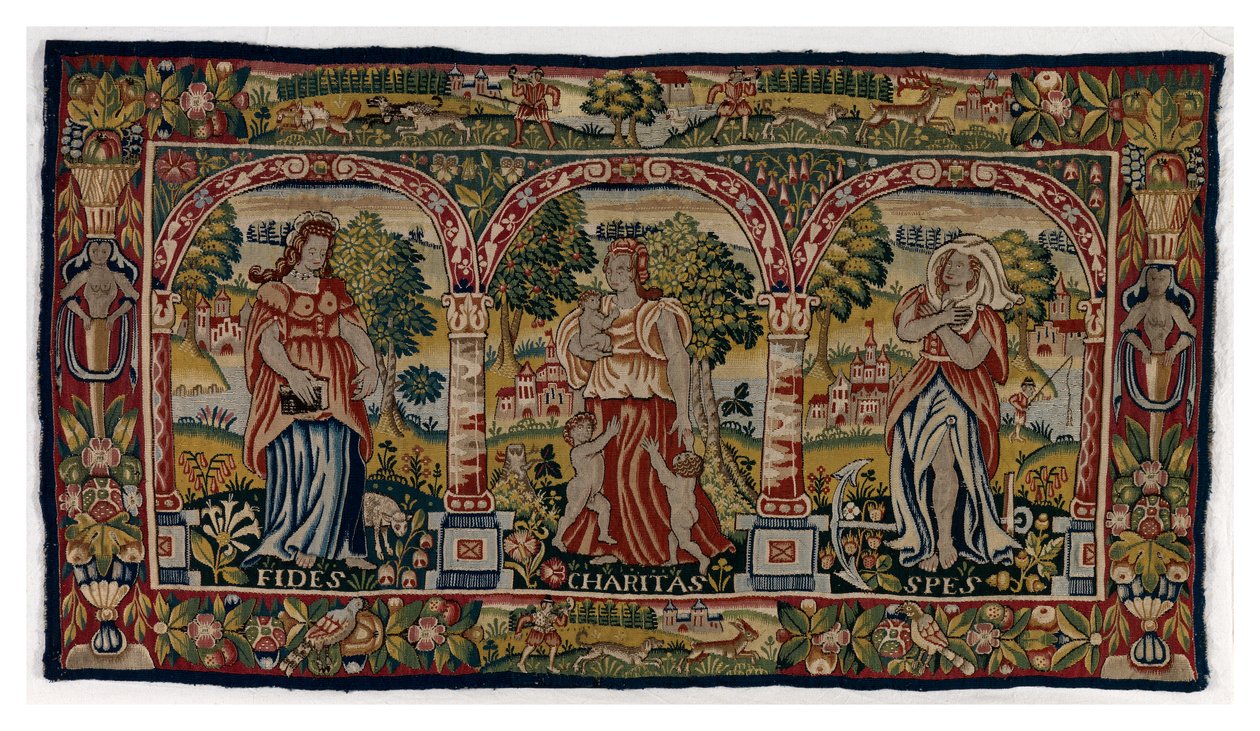 Tapestry long cushion depicting Faith, Hope and Charity by English School