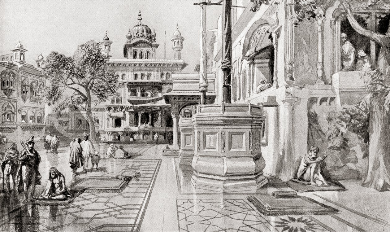 The Akal Takht or Akal Bunga, Harmandir Sahib (Golden Temple) Complex, Amritsar, Punjab, India in 1864 by English School