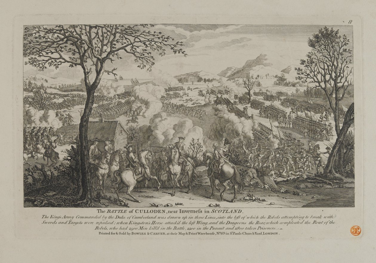 The Battle of Culloden, near Inverness in Scotland, published by Bowles and Carver, 1746 by English School