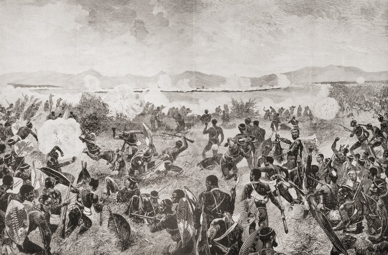 The Battle of Ulundi in 1879 showing the final rush of the Zulus and the British square in the distance, from 