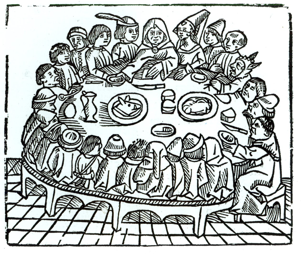 The Canterbury Pilgrims sitting down for a shared meal, illustration from Geoffrey Chaucer