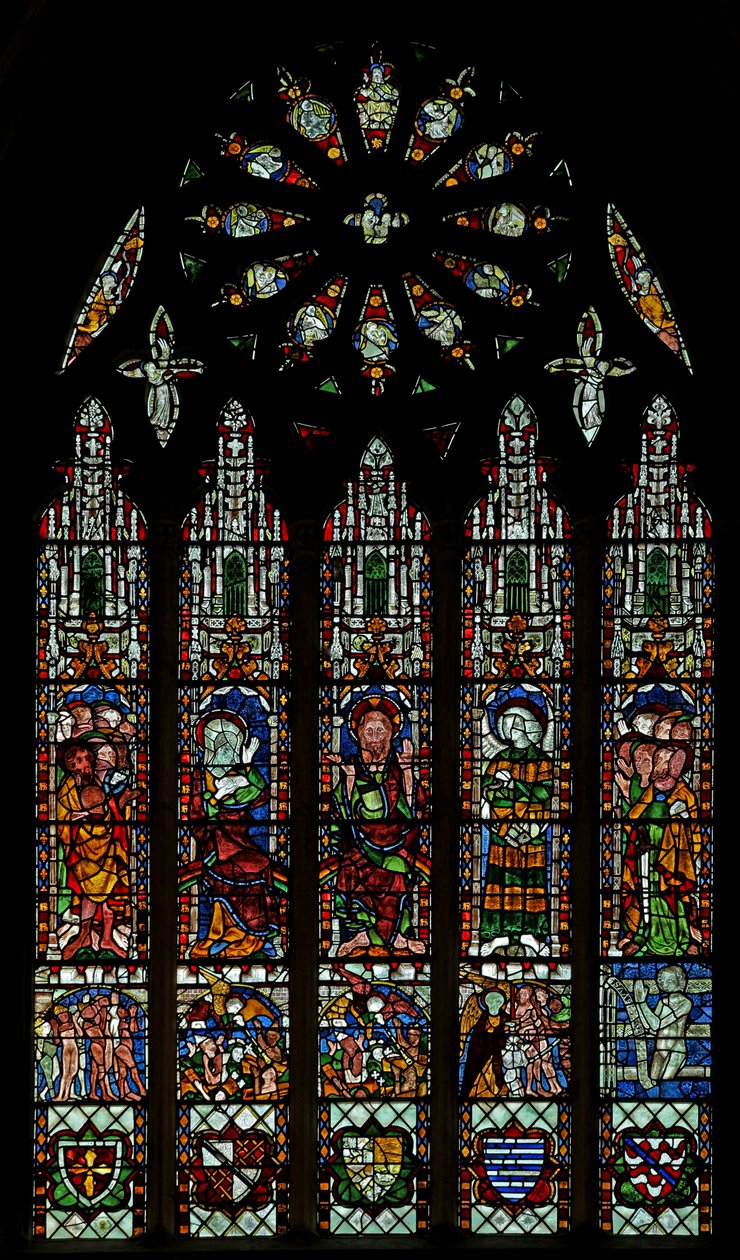 The east window depicting the Last Judgement: Christ, Virgin Mary, St John Baptist (rose window - internal) by English School