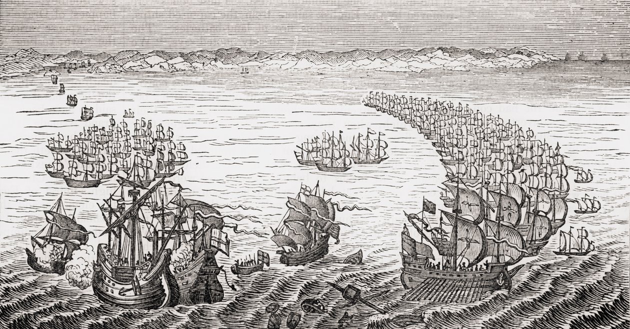 The English Fleet, commanded by Sir Francis Drake, attacking the Spanish Armada in 1588, from 
