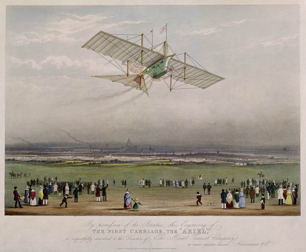 The Flying Machine, the Ariel, from designs prepared by W.S. Henson in 1842, published by Ackermann & Co., 1843 by English School
