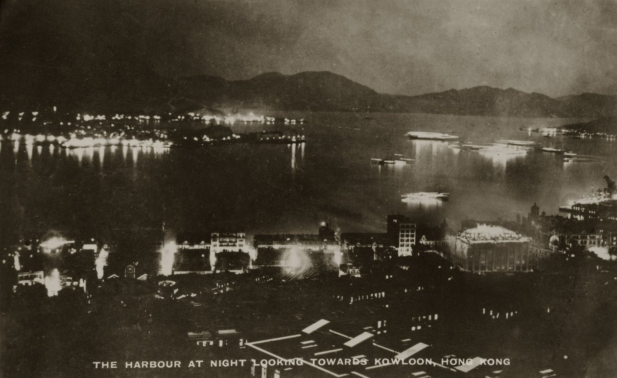 The Harbour at night looking towards Kowloon, Hong Kong, from an album of photographs relating to the service of Pte H. Chick, 1940 by English School