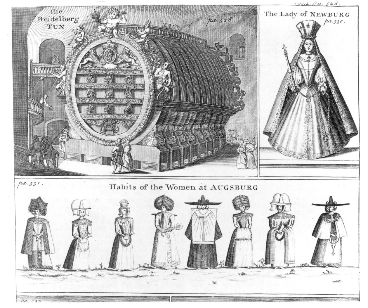 The Heidelberg Tun, The Lady of Newburg and Habits of the Women of Augsburg, from Missons Nouveau Voyage d