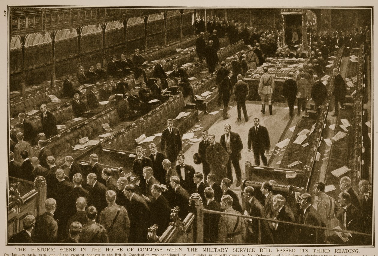 The Historic Scene in the House of Commons when the Military Service Bill Passed its Third Reading, 1914-19 by English School