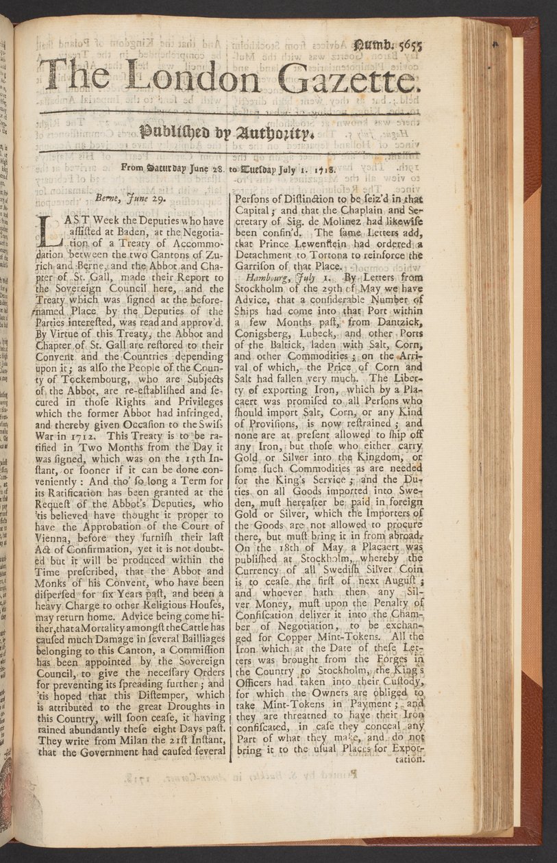 The London Gazette, issue 5655, page 1, 28th June 1718 by English School