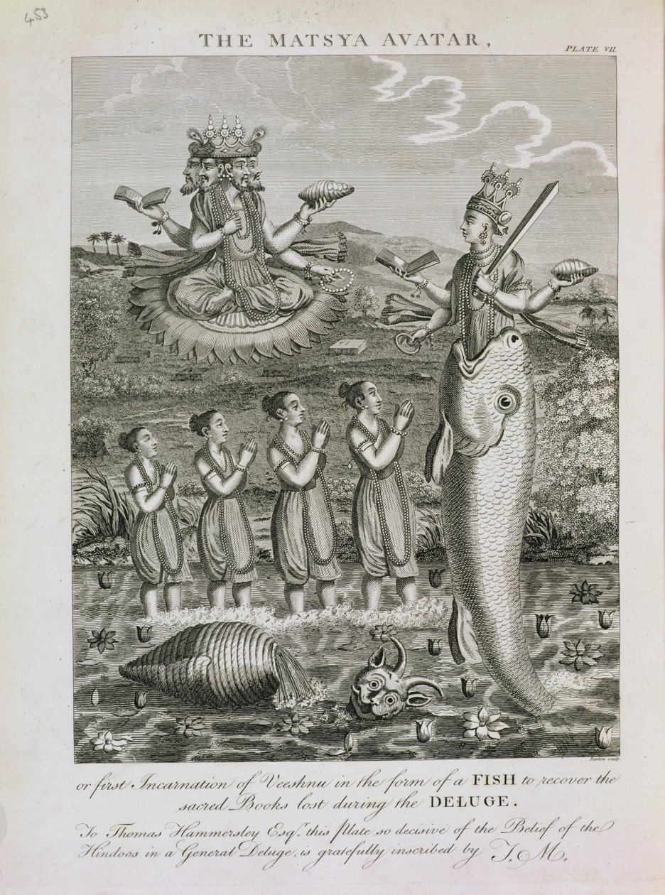 The Matsya Avatar, or the First Incarnation of Vishnu in the Form of a Fish to Recover the Sacred Books Lost During the Deluge, Engraved by Barlow by English School