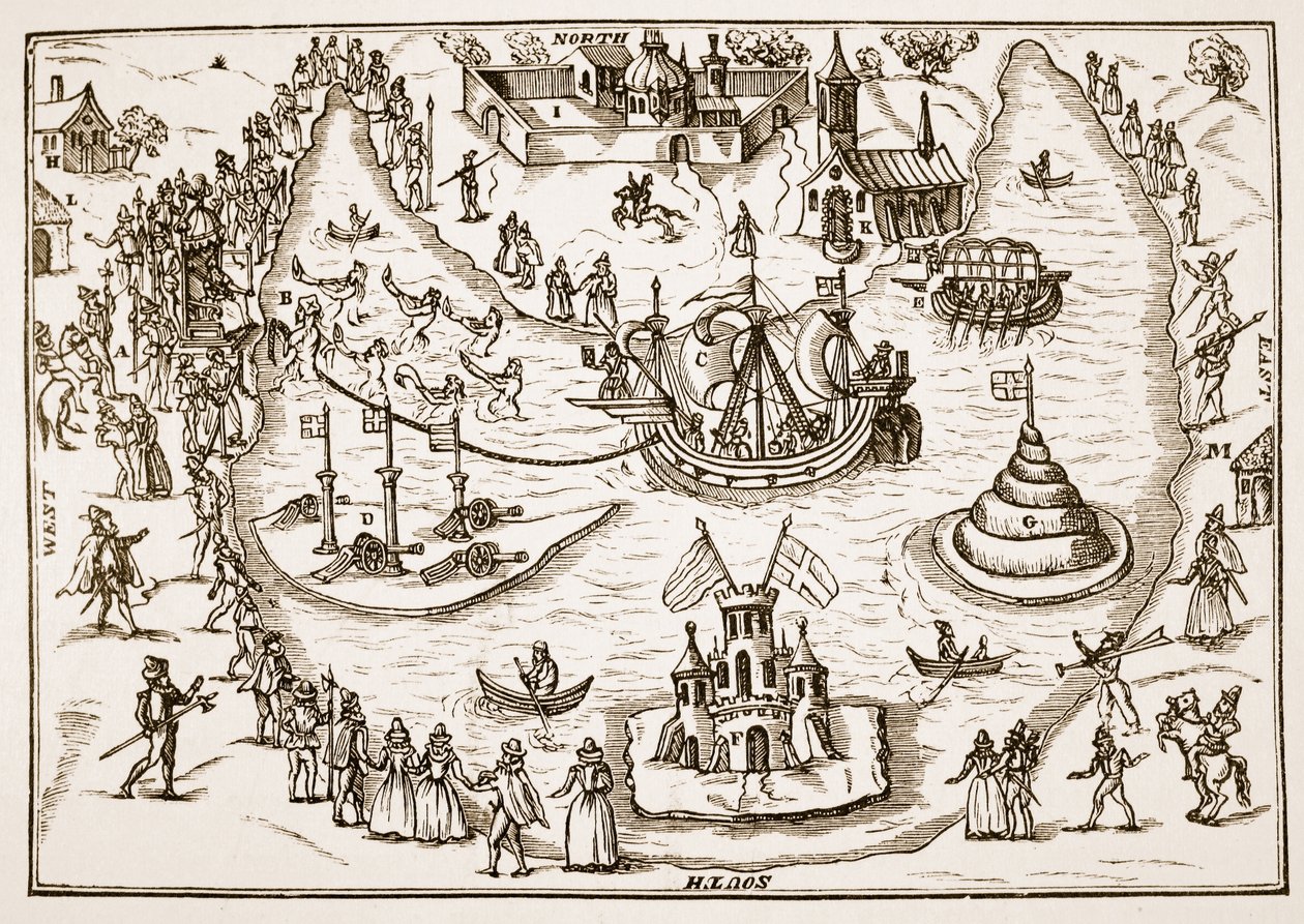 The Pond at Elvetham during Queen Elizabeths visit, from The Honourable Entertainment given to the Queens Majestie in Prgresse at Elvetham in Hampshire by the Right Honble the Earl of Hertford, 1591 by English School