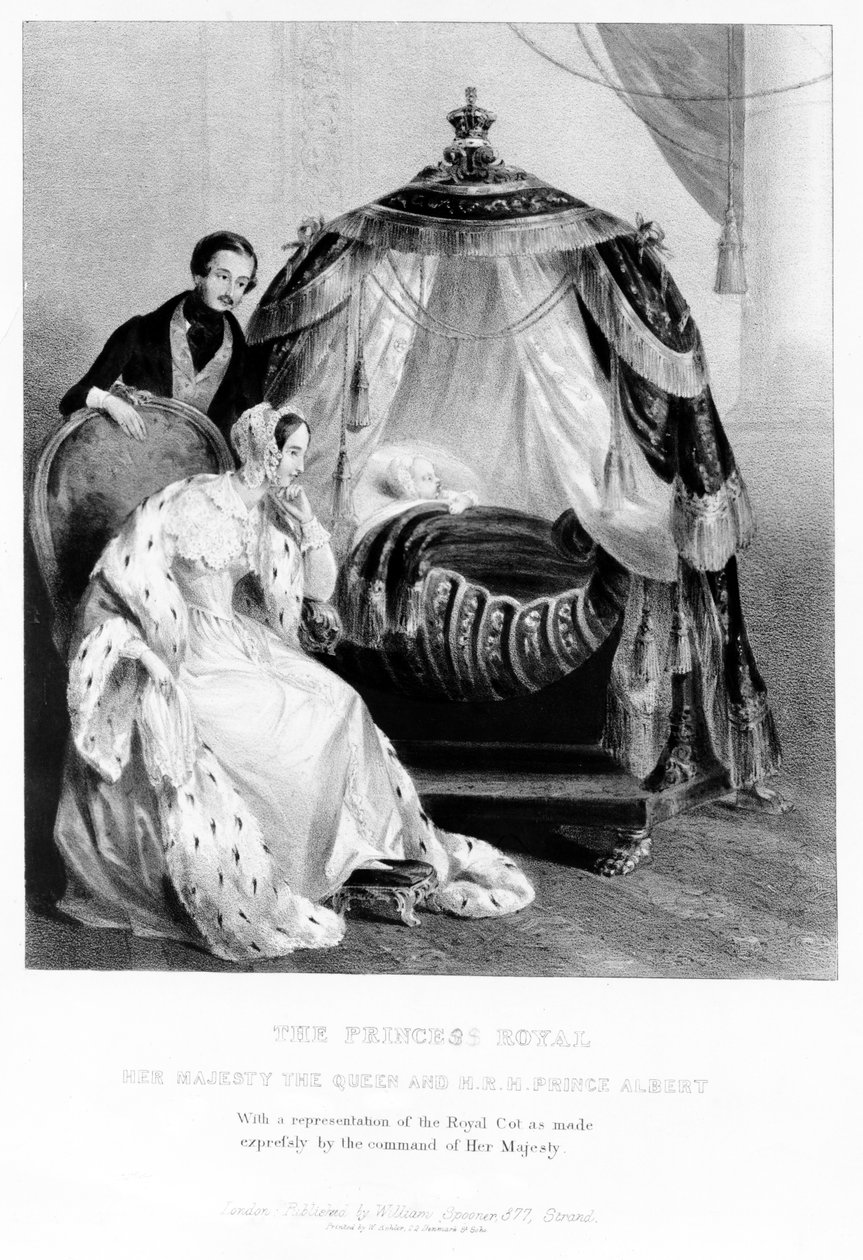 The Princess Royal, Her Majesty the Queen and HRH Prince Albert, with the royal cot by English School