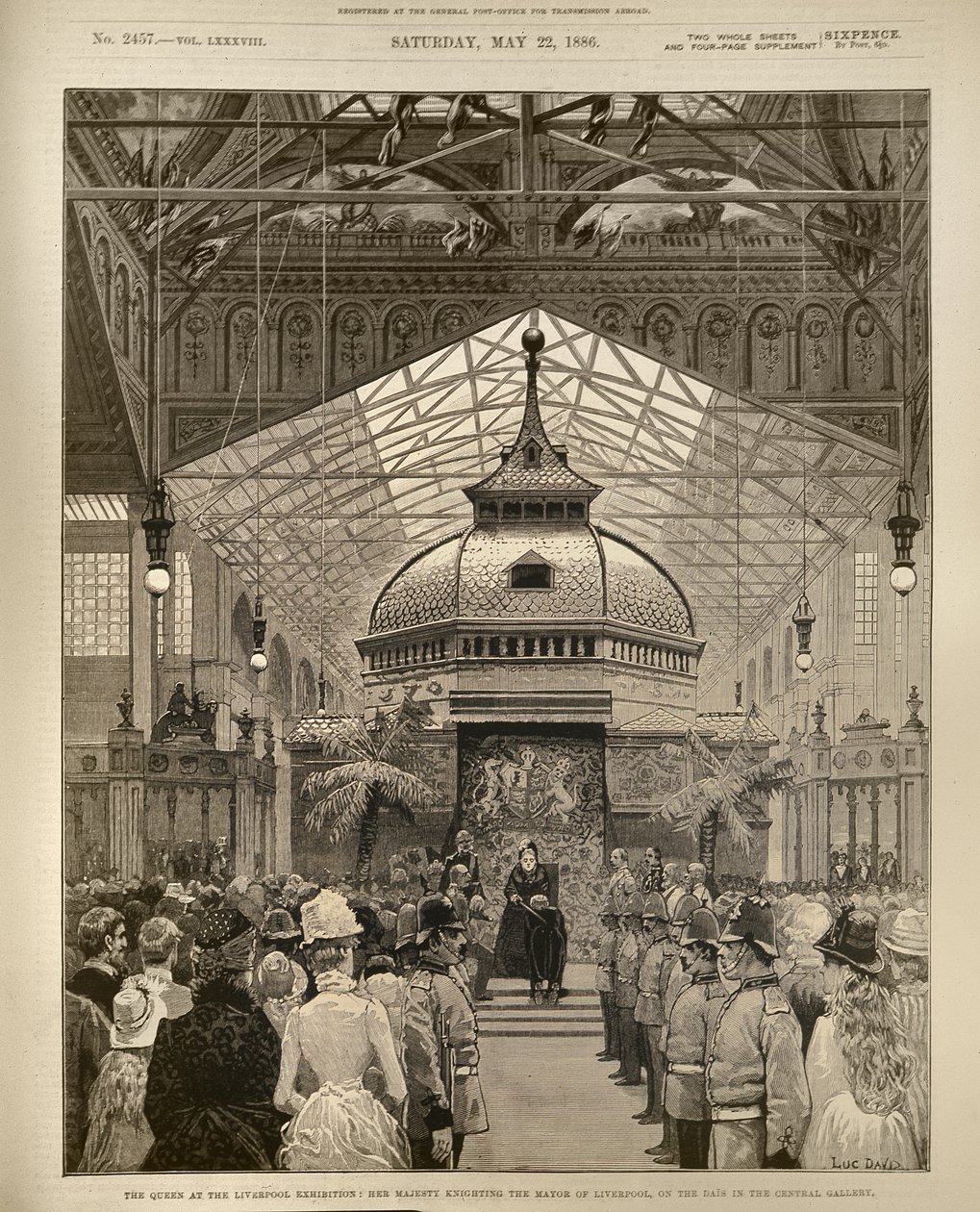 The Queen at the Liverpool Exhibition: Her Majesty Knighting the Mayor of Liverpool on the Dais in the Central Gallery, from The Illustrated London News by English School