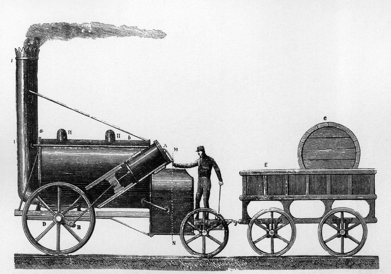 The Rocket, steam locomotive designed and built by George and Robert Stephenson in 1829 for the Liverpool-Manchester railway by English School