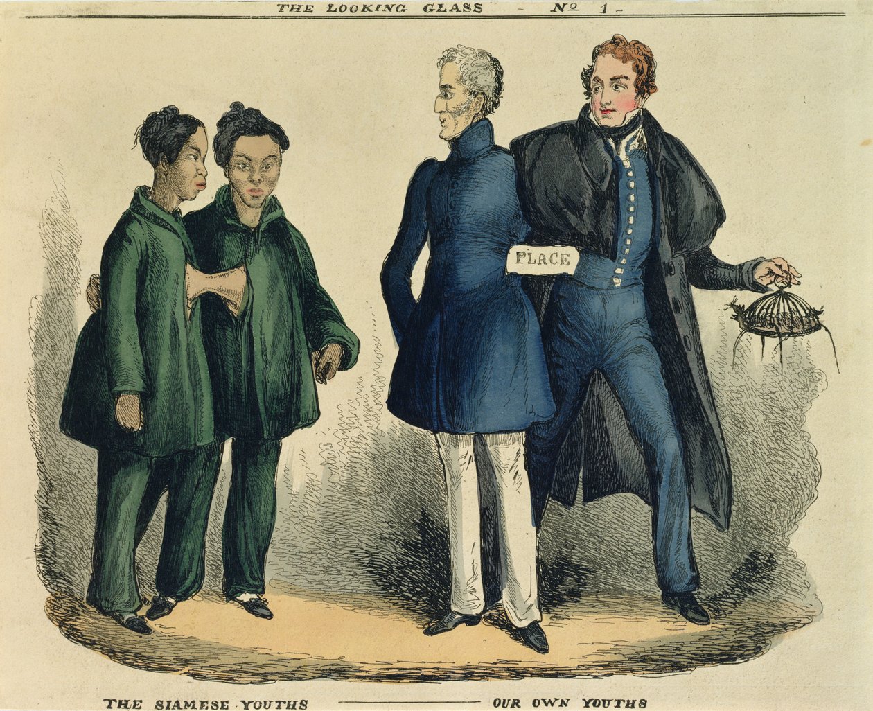 The Siamese Youths - Our Own Youths, satirical cartoon from The Looking Glass, c.1829 by English School