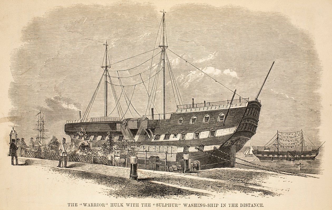 The Warrior hulk with the Sulphur washing-ship in the distance, illustration from The Criminal Prisons of London and Scenes from Prison Life by Henry Mayhew and John Binny, pub. 1862 by English School