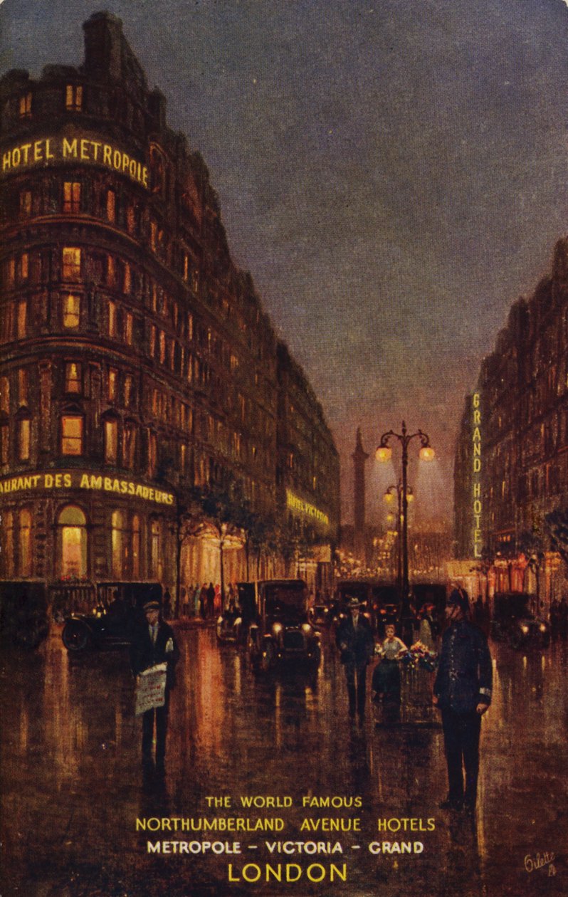 The World Famous Northumberland Avenue Hotels, Metropole, Victoria, Grand, London by English School