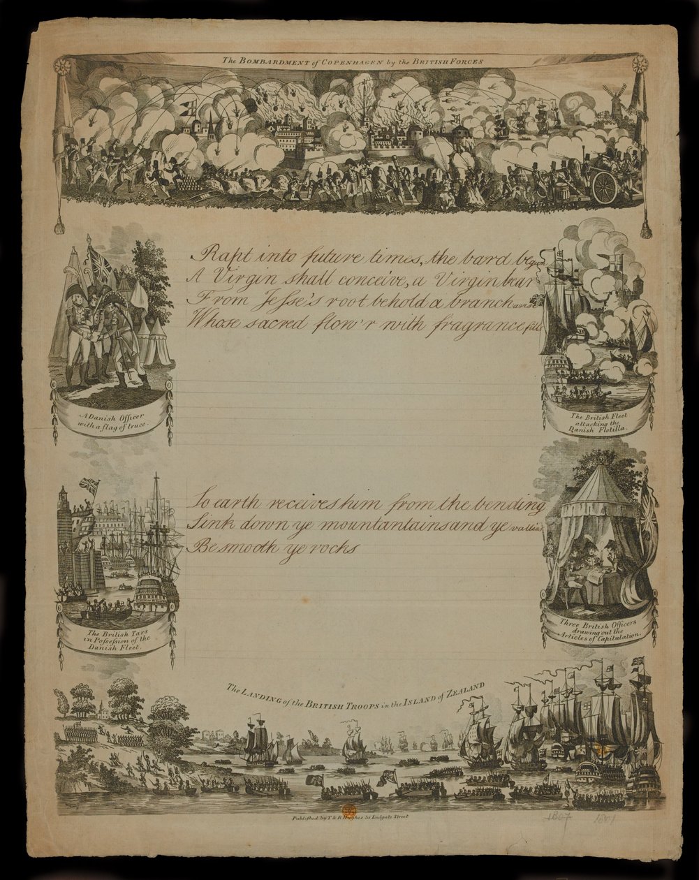 The bombardment of Copenhagen by the British forces and The landing of the British Forces in the Island of Zealand, published by T. and R. Hughes in 1807 by English School