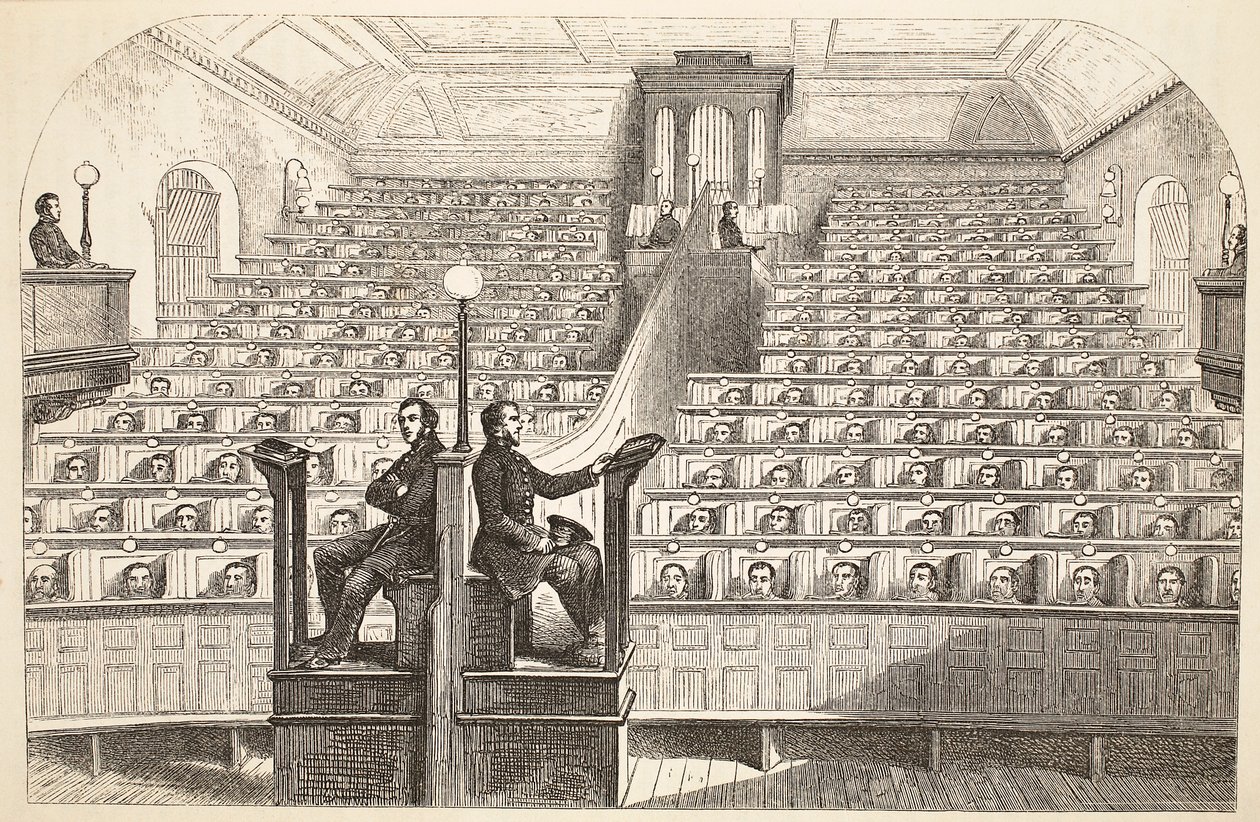 The chapel, on the separate system, in Pentonville Prison, during divine service, illustration from The Criminal Prisons of London and Scenes from Prison Life by Henry Mayhew and John Binny, pub. 1862 by English School