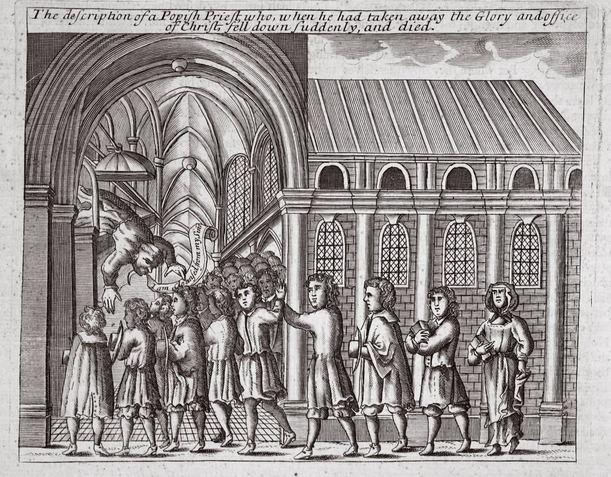 The description of a Popish priest who, when he had taken away the Glory and office of Christ, fell down suddenly and died, illustration from Acts and Monuments by John Foxe, ninth edition, published 1684 by English School
