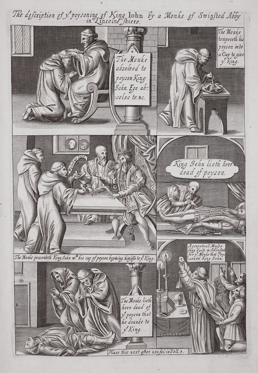 The description of the poisoning of King John by a monk of Swinstead Abbey in Lincolnshire, illustration from Acts and Monuments by John Foxe, ninth edition, pub. 1684 by English School