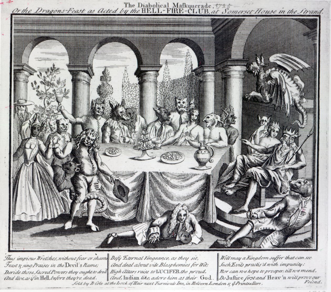 The Diabolical Masquerade, or the Dragons-Feast as Acted by the Hell-Fire-Club, at Somerset House in the Strand, c.1721 by English School