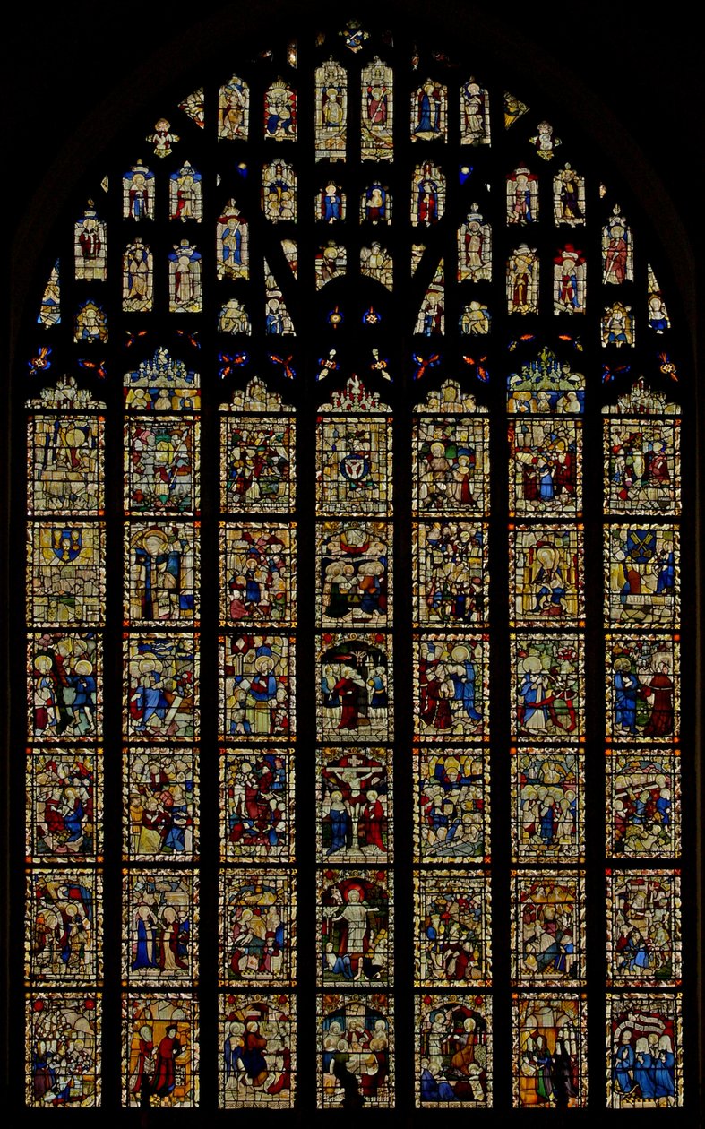 The east window depicting Norwich School glass (C15) Reset panels by English School