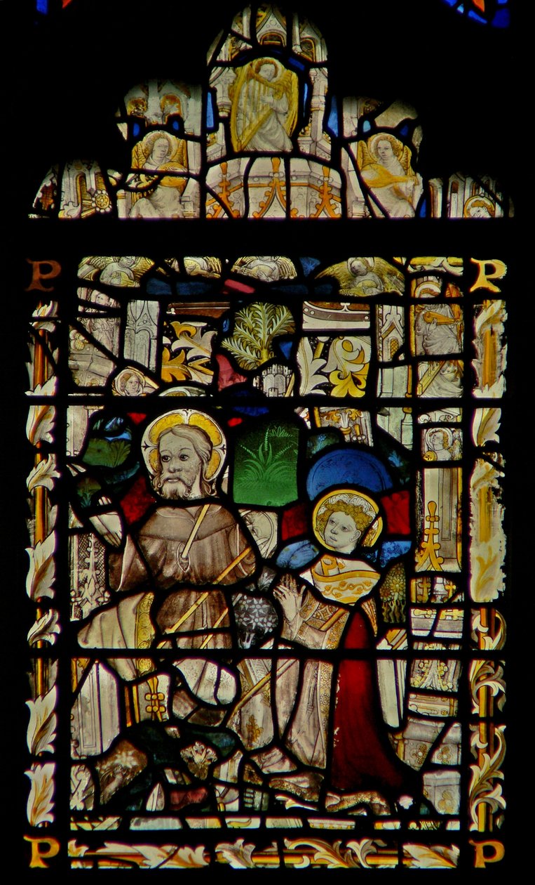 The east window depicting St Francis receives the stigmata; angel musicians in the canopy by English School